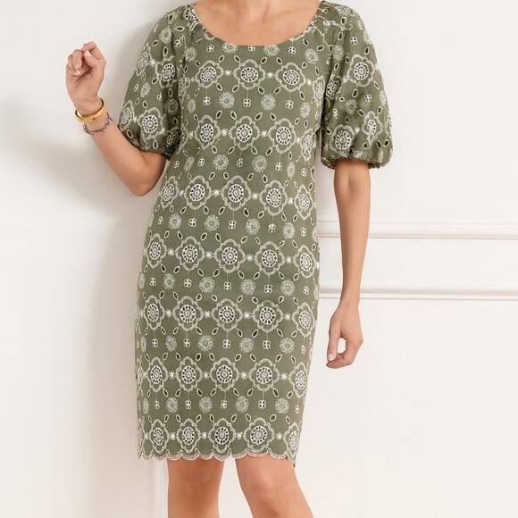 Talbots Green Embroidered Puff Sleeve Dress Size 10 Boho‎ Eyelet Floral Shift - Picture 1 of 9